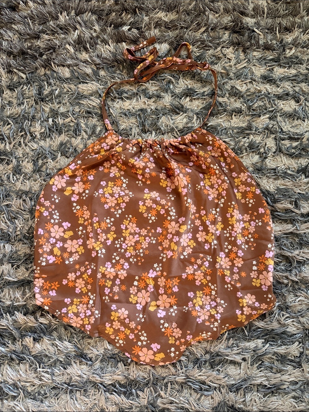 Pink Rose Brown Floral Halter Top with Lilac & Orange Flowers Size M New